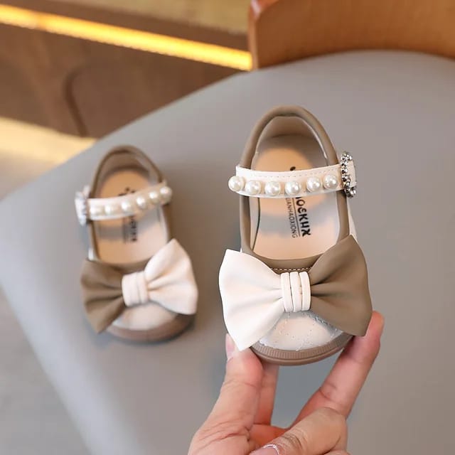 Leather bow pearl kids princess shoes